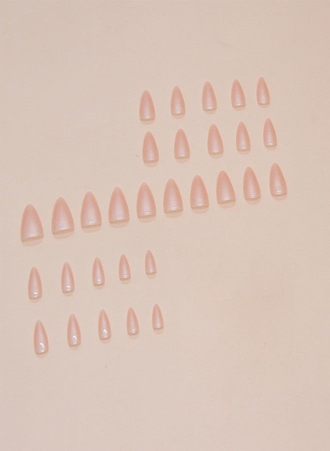 LRKNNO Almond Press on Nails Short Fake Nails Nude Glue on Nails with Designs Glossy Chrome False Nails French Almond Shaped Artificial Nails Reusable Stick on Nails for Women and Girls 24pcs - Image 4